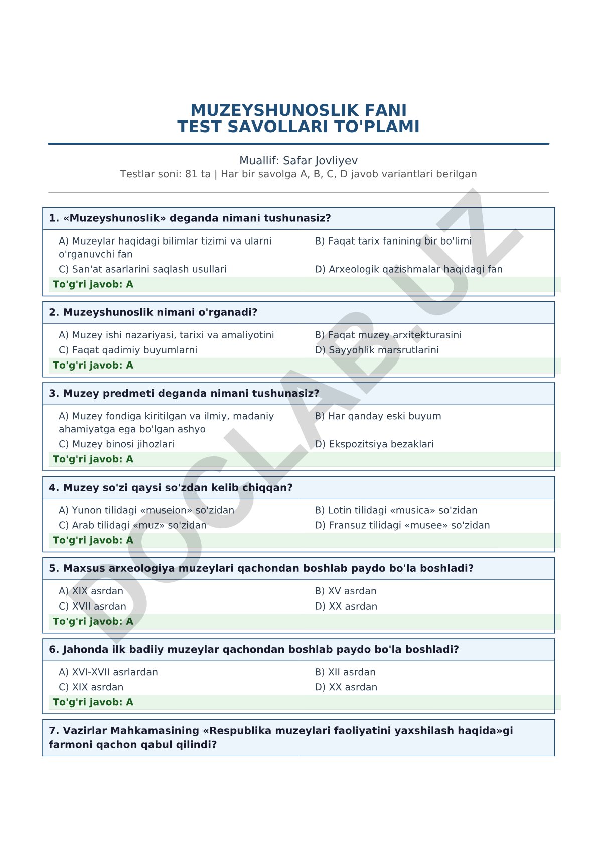 Muzeyshunoslik fani test savollari to'plami