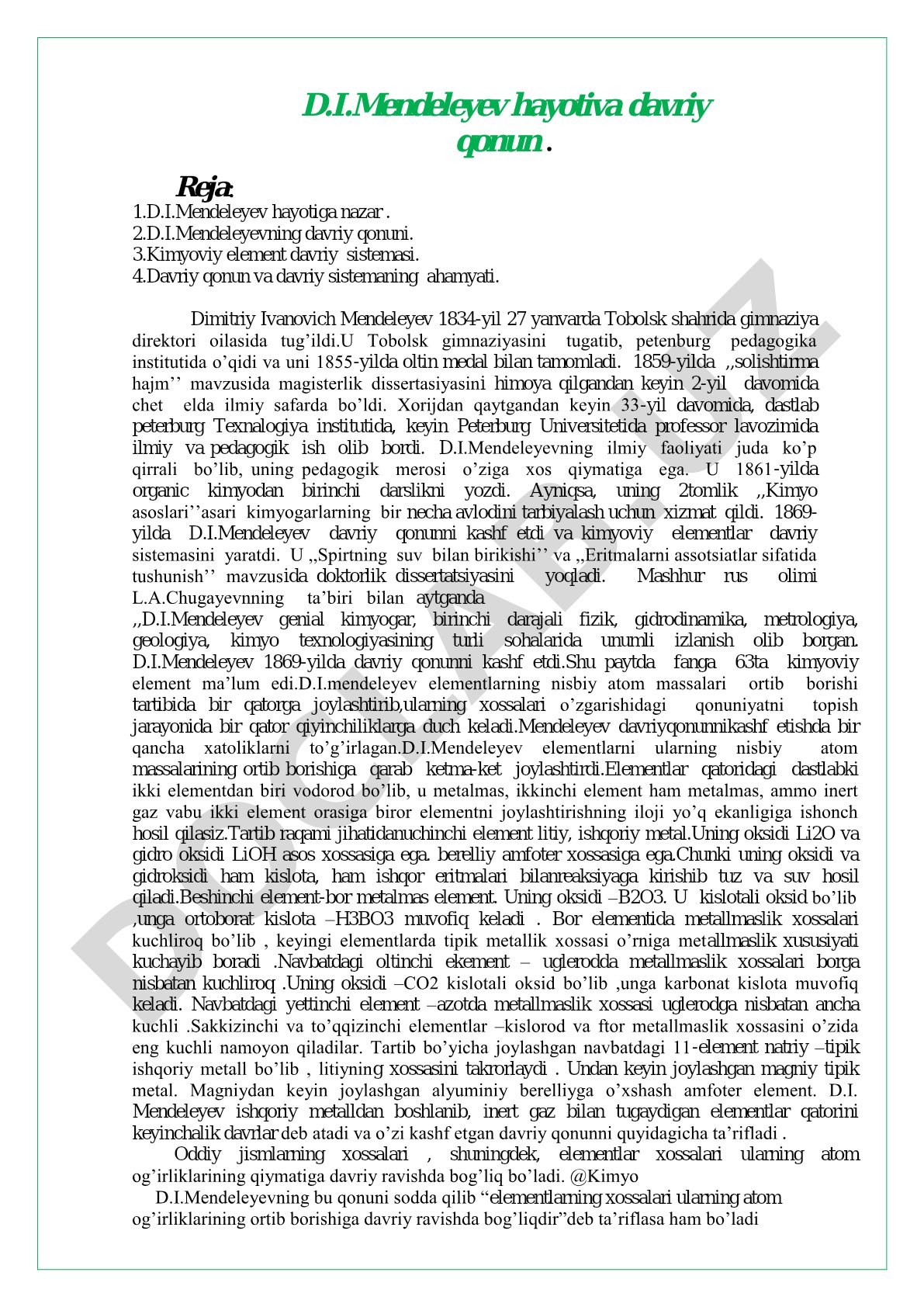 D.I.Mendeleyev hayoti va davriy qonun