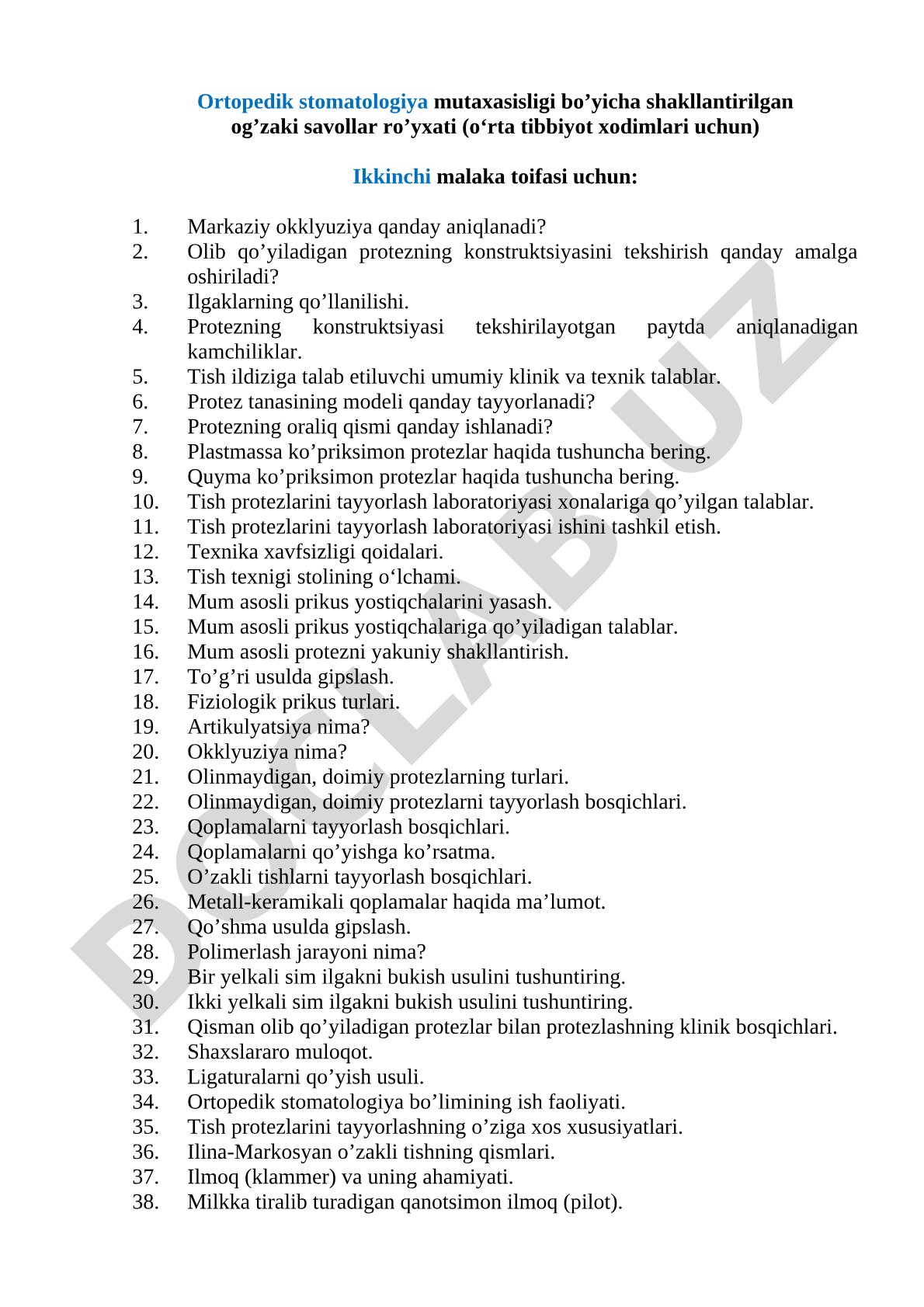 Ortopedik stomatologiya bo'yicha og'zaki savollar ro'yxati (o'rta tibbiyot xodimlari uchun)