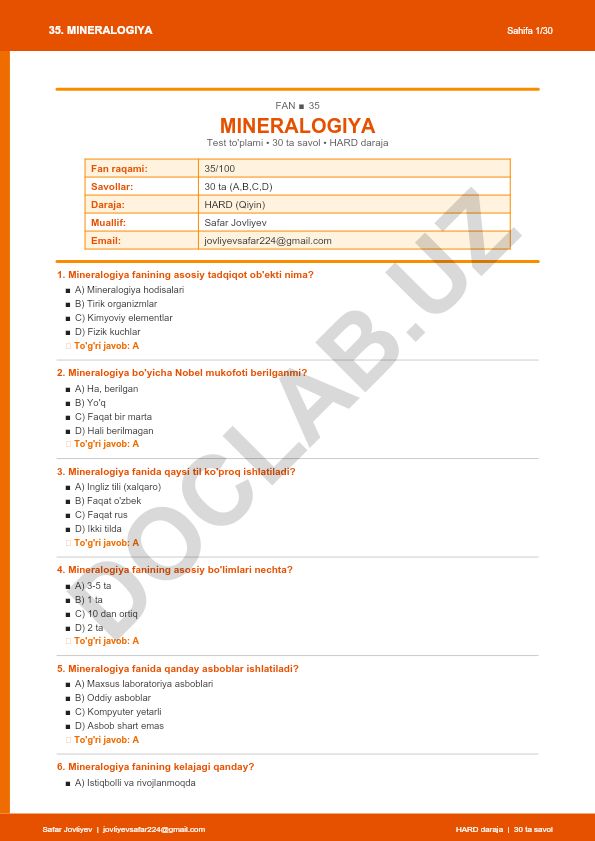 Mineralogiya faniga oid test to'plami