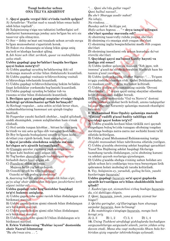 Ona tili va adabiyot fanidan test savollari
