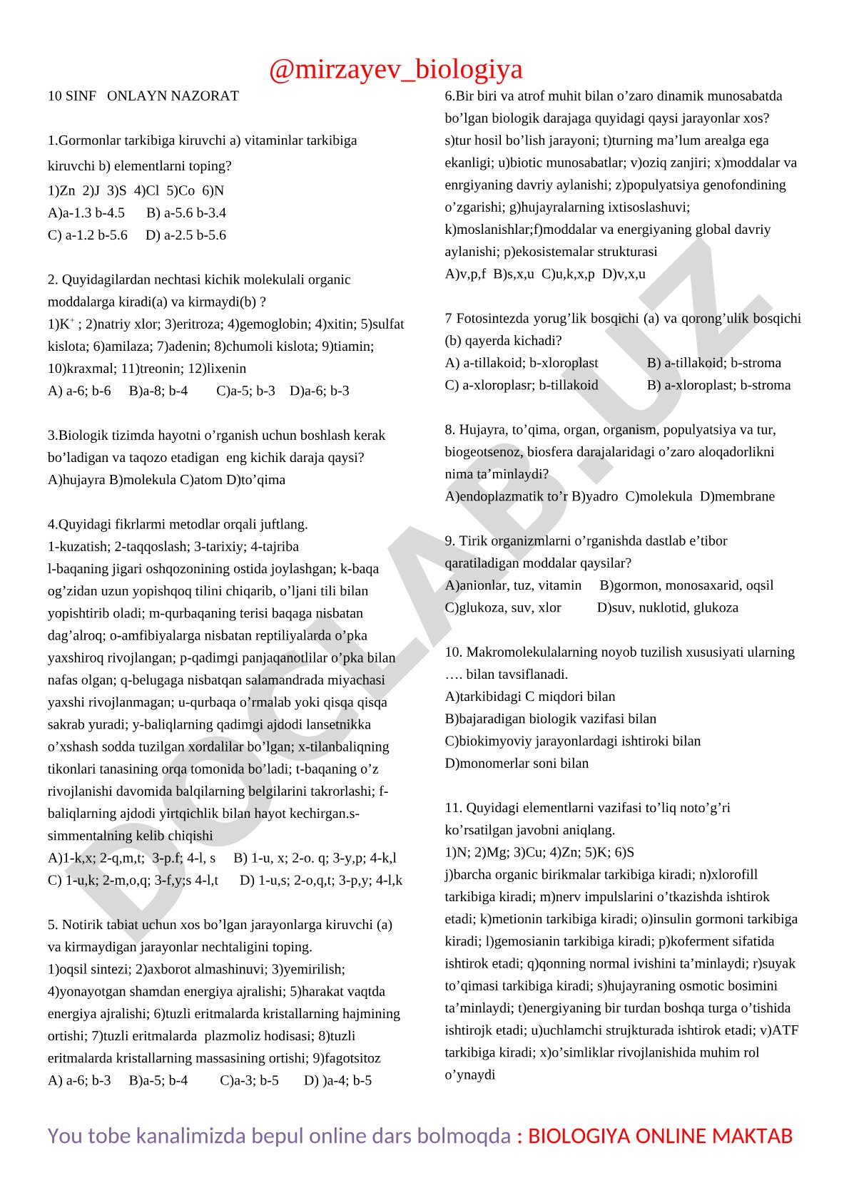 10 sinf onlayn nazorat biologiya test
