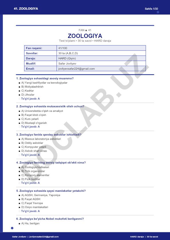 Zoologiya faniga oid test to'plami