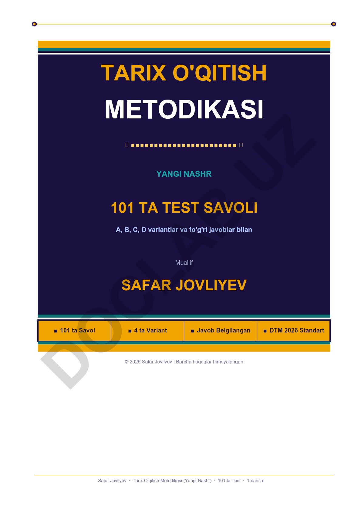 Tarix o'qitish metodikasi va 101 ta test savollari