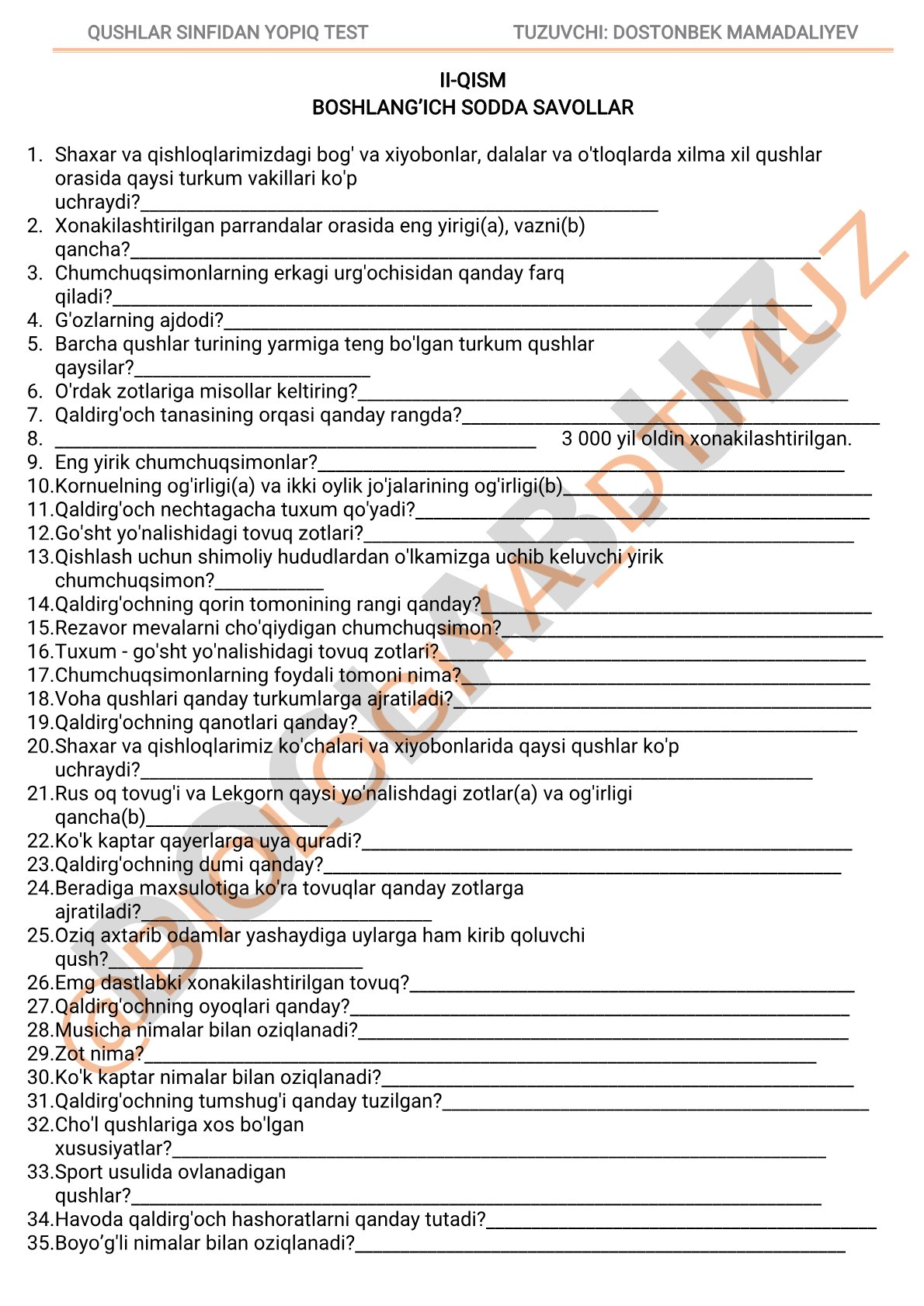 Qushlar sinfidan yopiq test