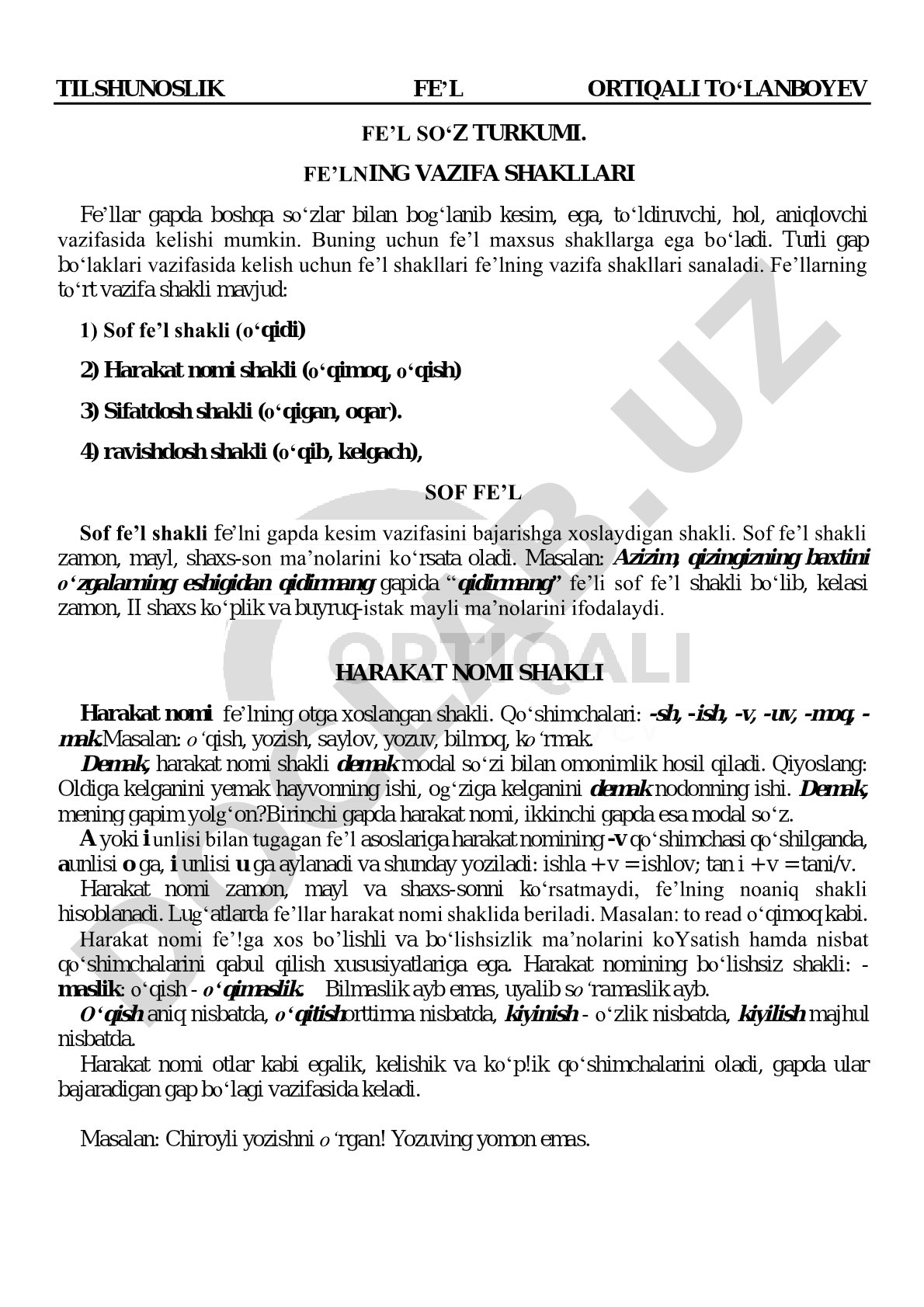 Fe'lning vazifa shakllari