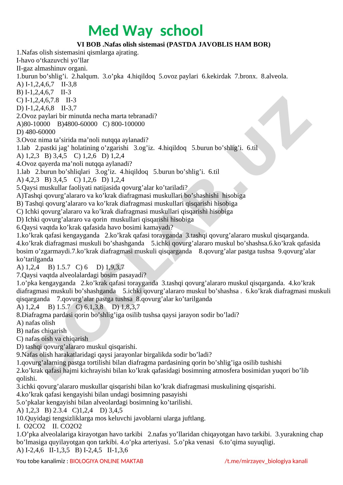 Nafas olish sistemasi test savollari