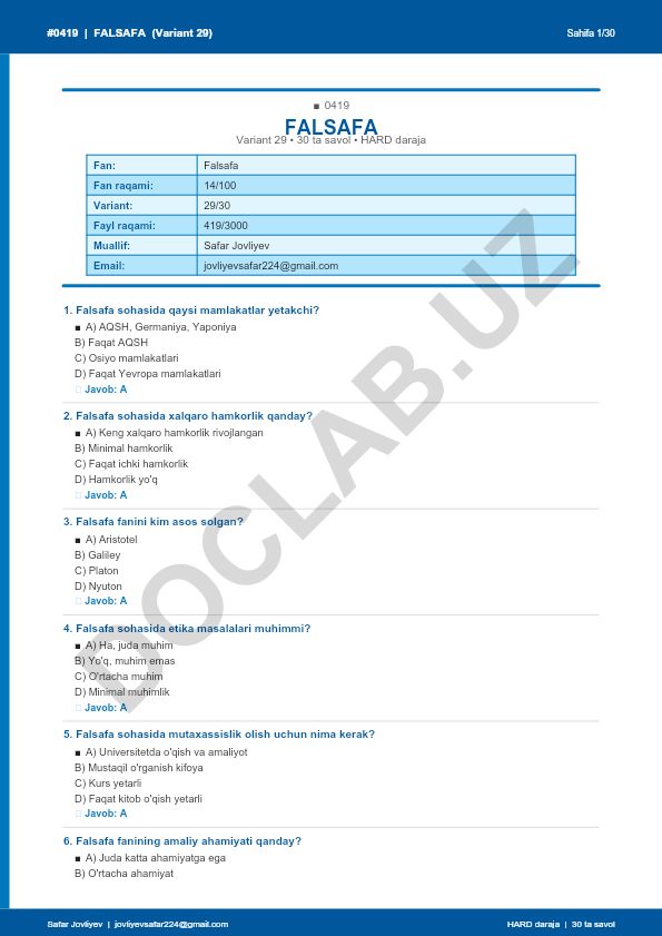 Falsafa fanidan test savollari (Variant 29)