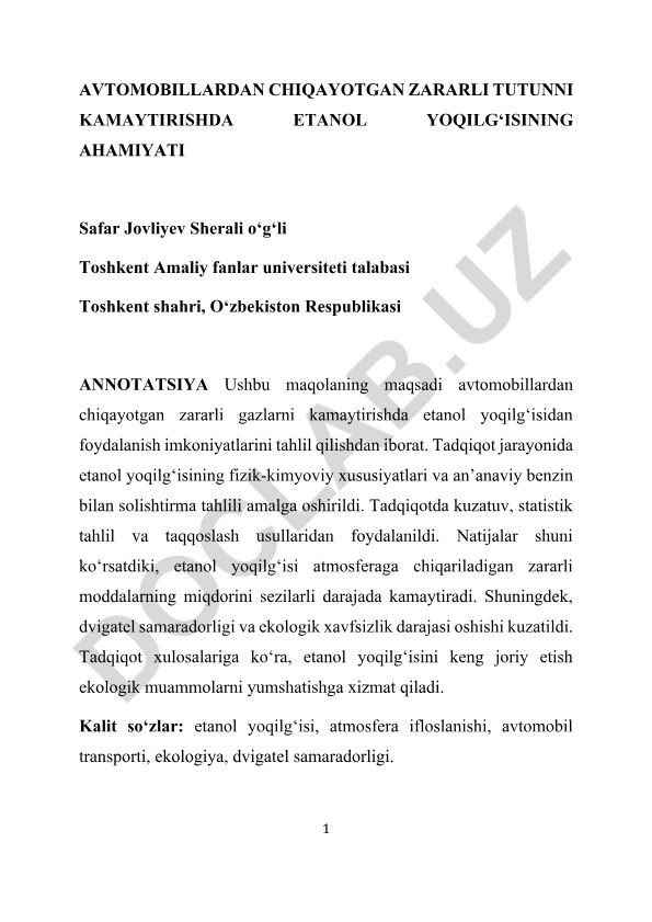 Avtomobillardan chiqayotgan zararli tutunni kamaytirishda etanol yoqilg‘isining ahamiyati