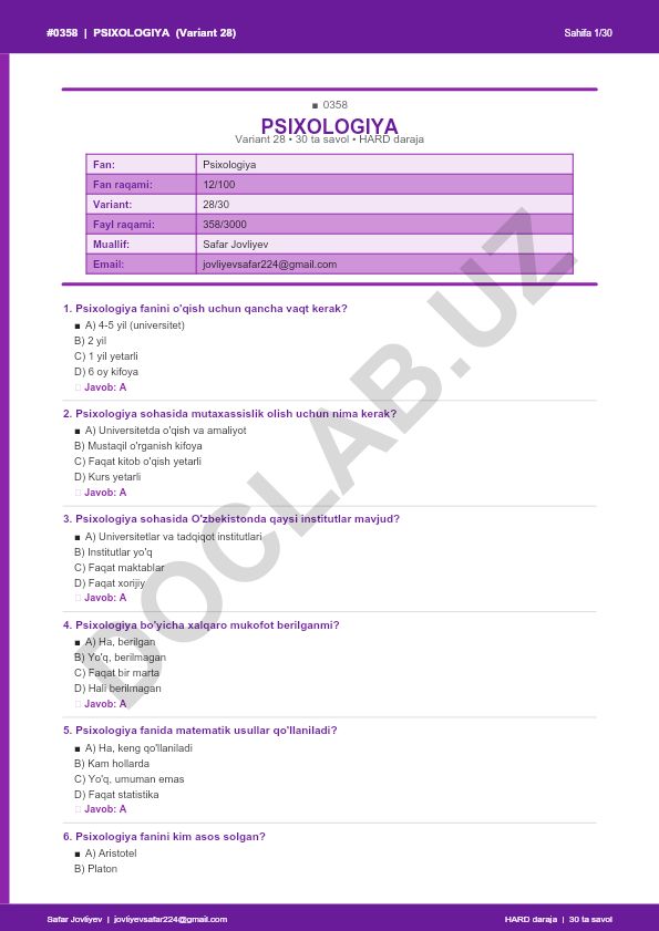 Psixologiya faniga oid test savollari (Variant 28)