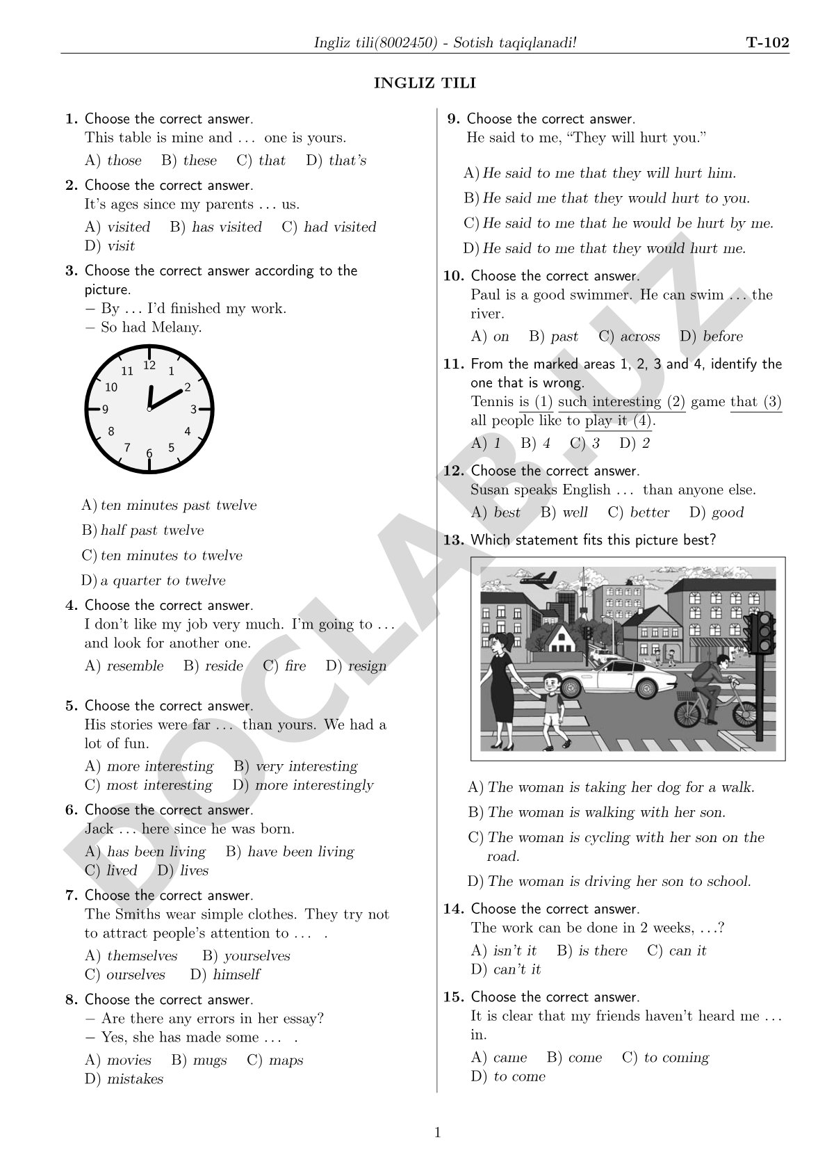 Ingliz tili test savollari