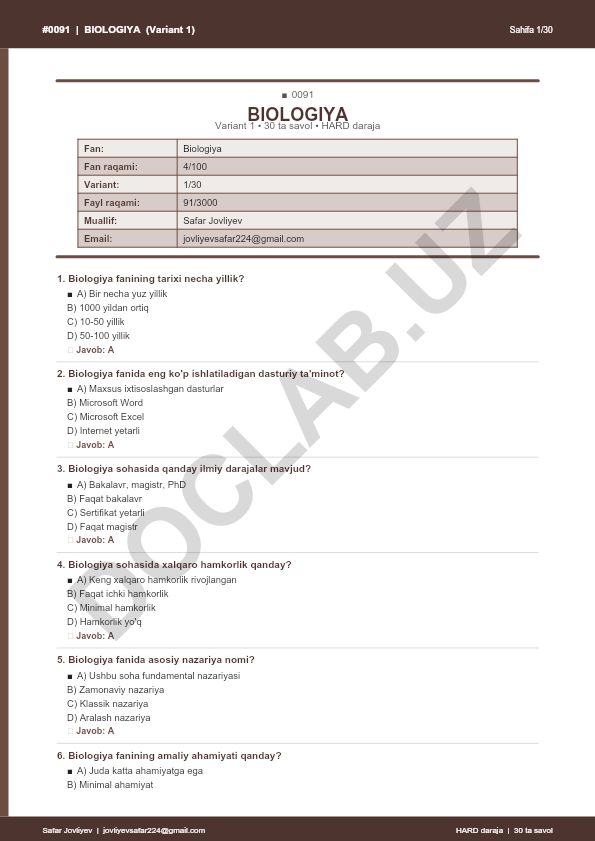 Biologiya fanidan 30 ta savolli test (Variant 1)