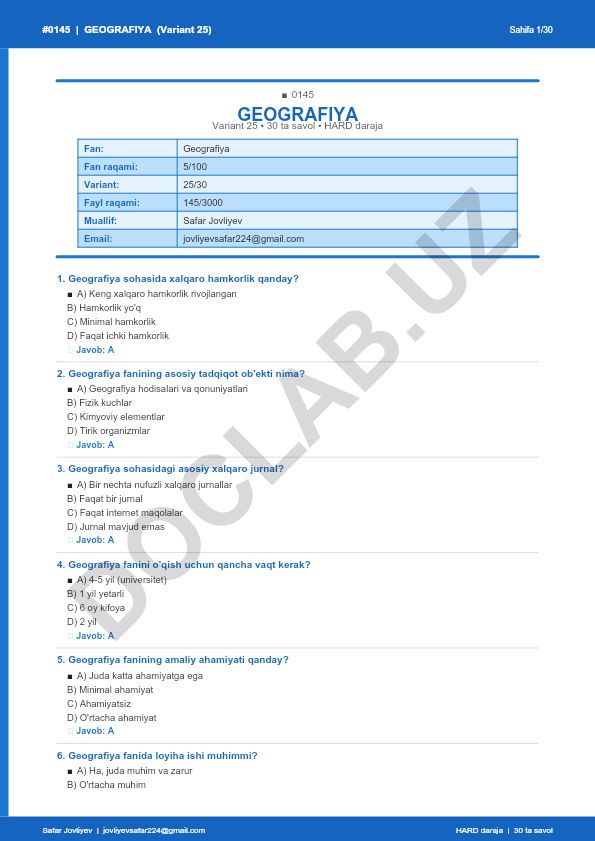 Geografiya fanidan 30 ta savolli test (Variant 25)