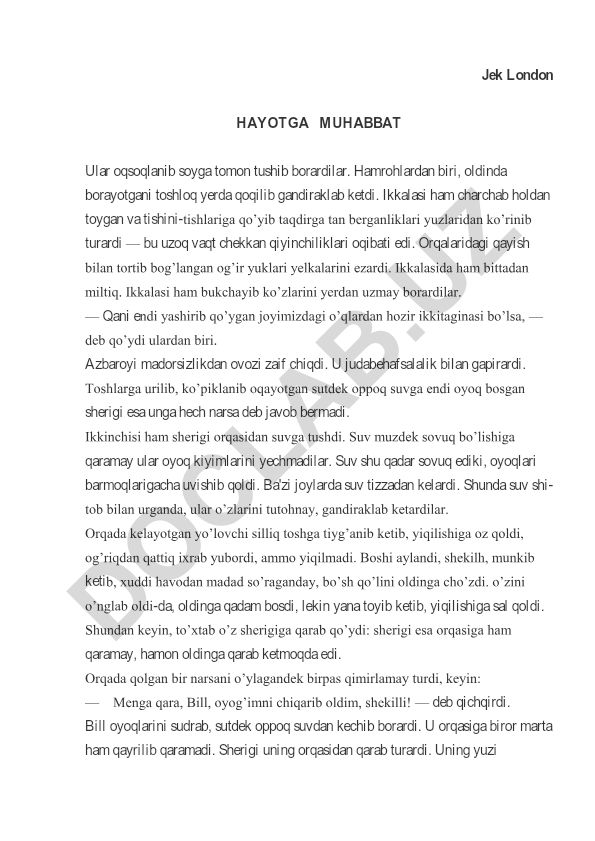 Jek Londonning Hayotga Muhabbat asari parchasidagi sarguzasht
