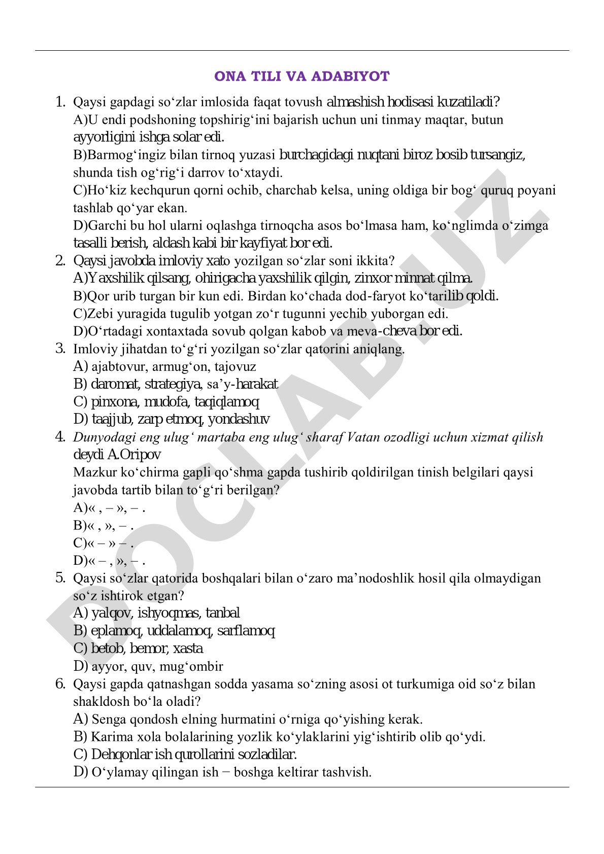 Ona tili va adabiyot test savollari