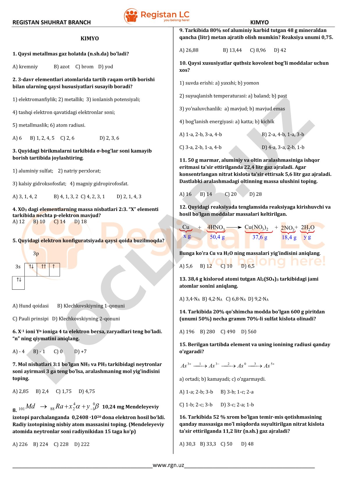 Kimyo fanidan test savollari