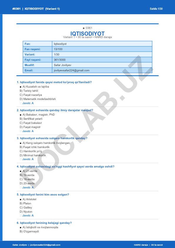 Iqtisodiyot faniga oid 30 ta savolli test