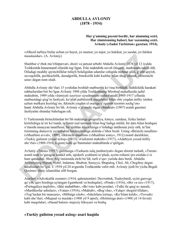 Abdulla Avloniy hayoti va faoliyati