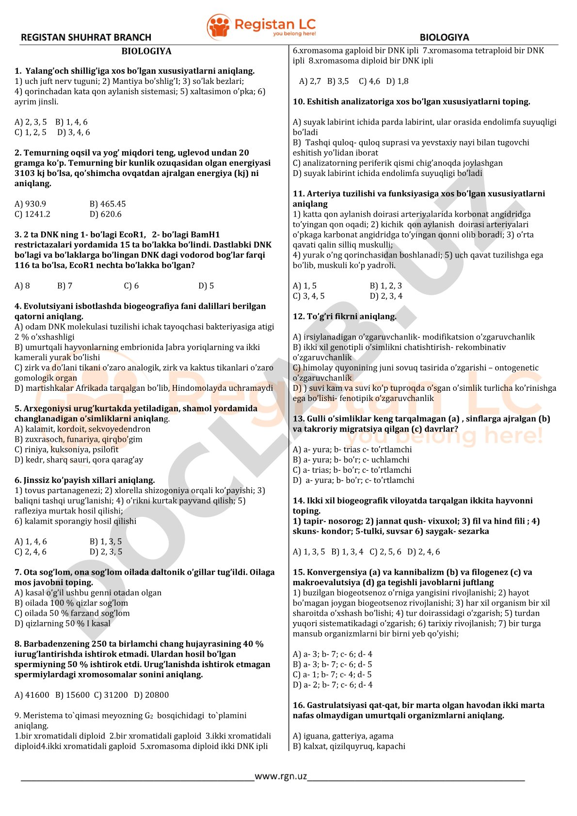 Biologiya test savollari
