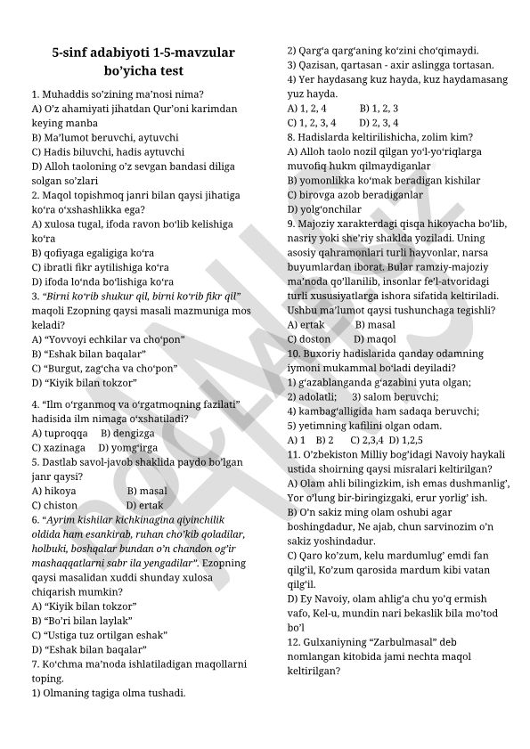 5-sinf adabiyoti test savollari