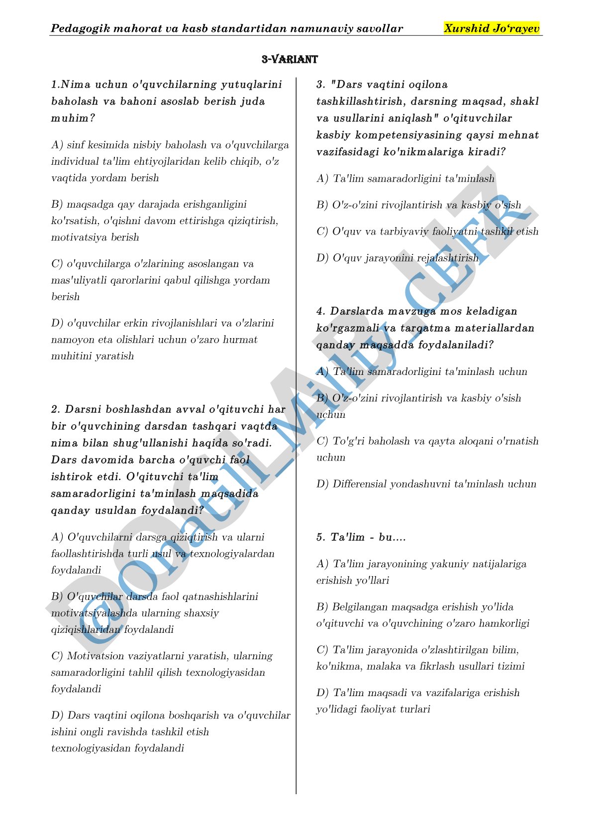 Pedagogik mahorat va kasb standartidan namunaviy savollar