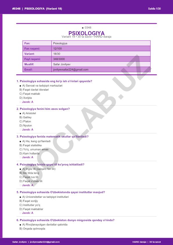 Psixologiya faniga oid test savollari (Variant 18)