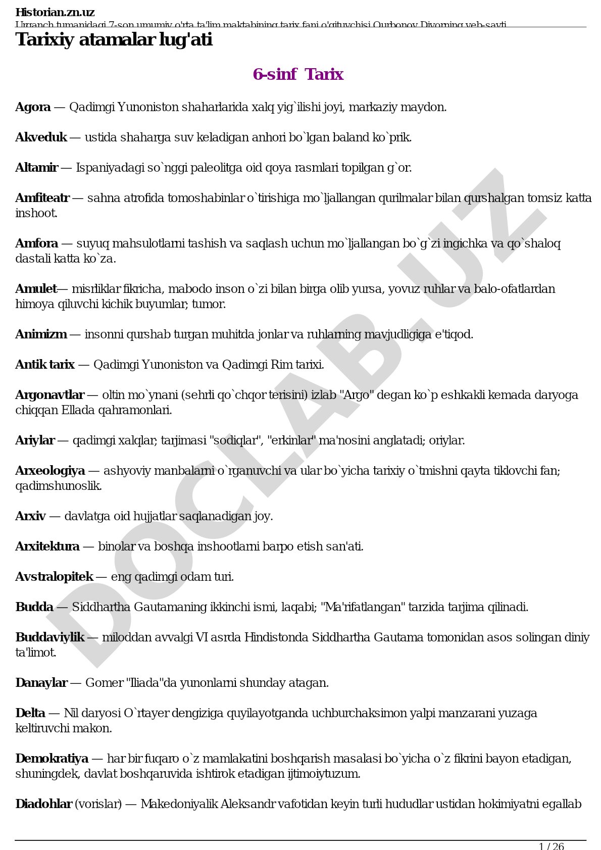 Tarixiy atamalar lug'ati 6-sinf