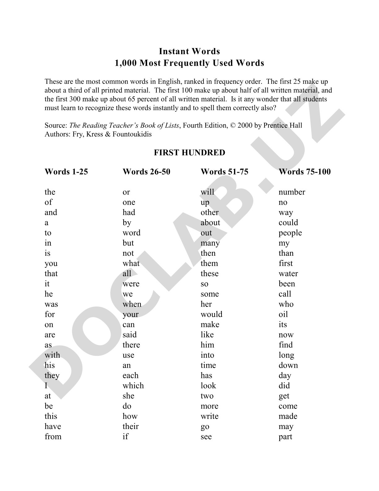 Instant Words 1,000 Most Frequently Used Words