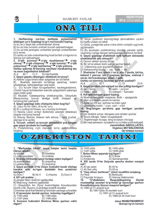 O'zbek tili test savollari va javoblari