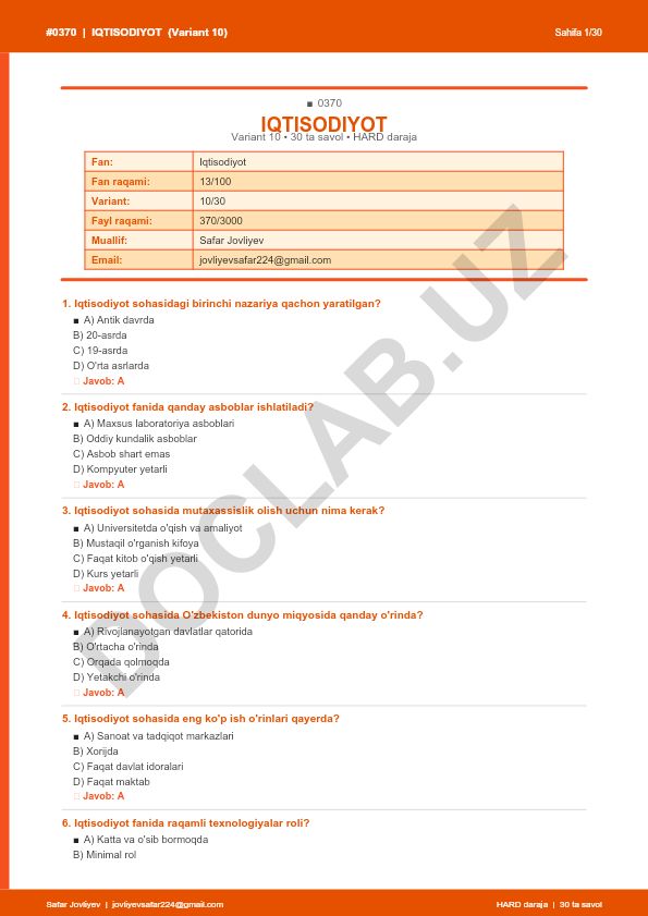 Iqtisodiyot faniga oid test savollari (Variant 10)