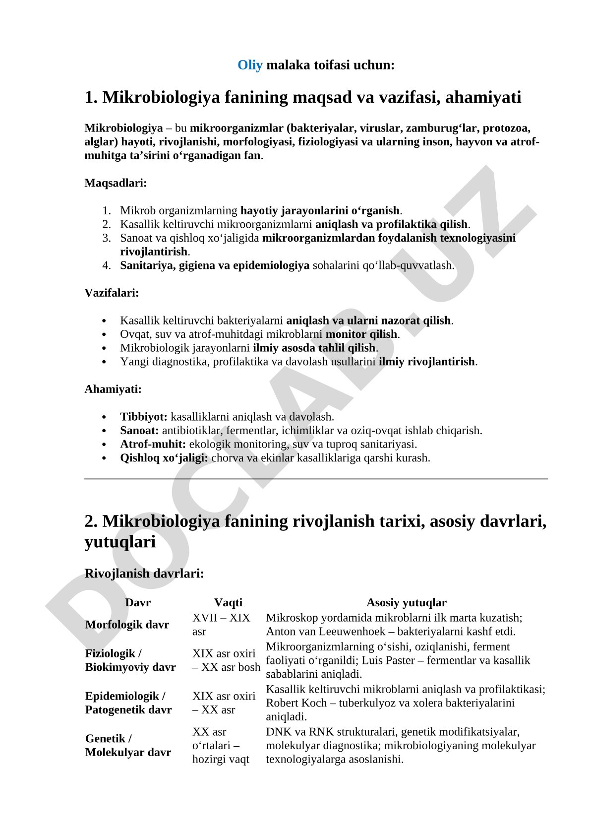 Mikrobiologiya fanining maqsad va vazifasi, ahamiyati