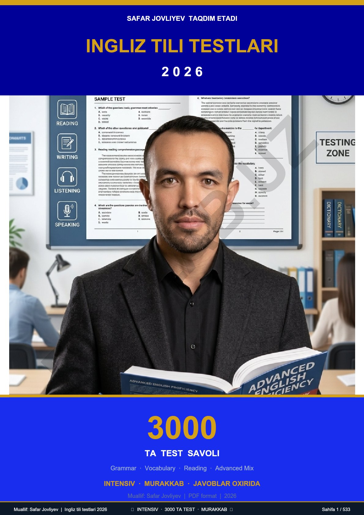 Ingliz tili testlari 2026: Grammar, Vocabulary, Reading, Advanced Mix