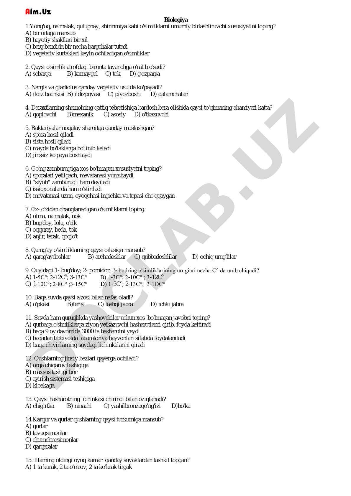 Biologiya test savollari