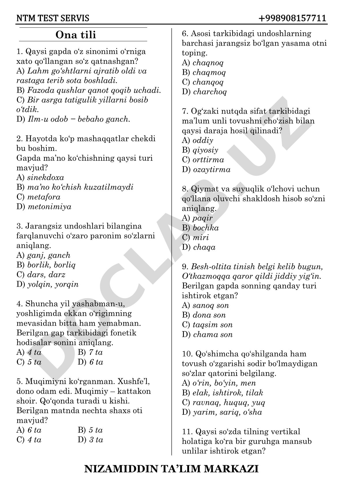 NTM TEST SERVIS NIZAMIDDIN TA'LIM MARKAZI test savollari