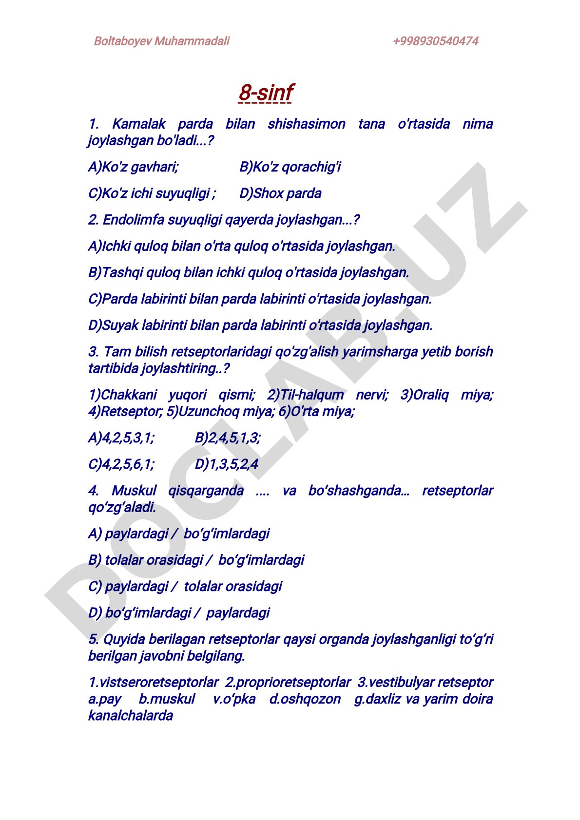 Biologiya test savollari