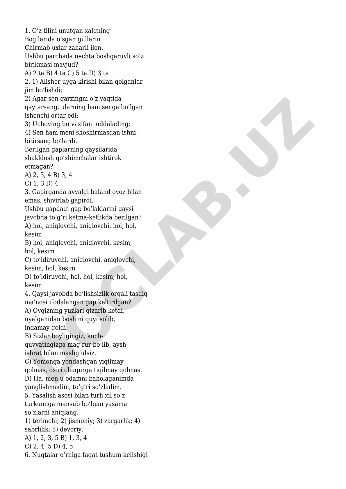 O'z tilini unutgan xalq haqida test savollari