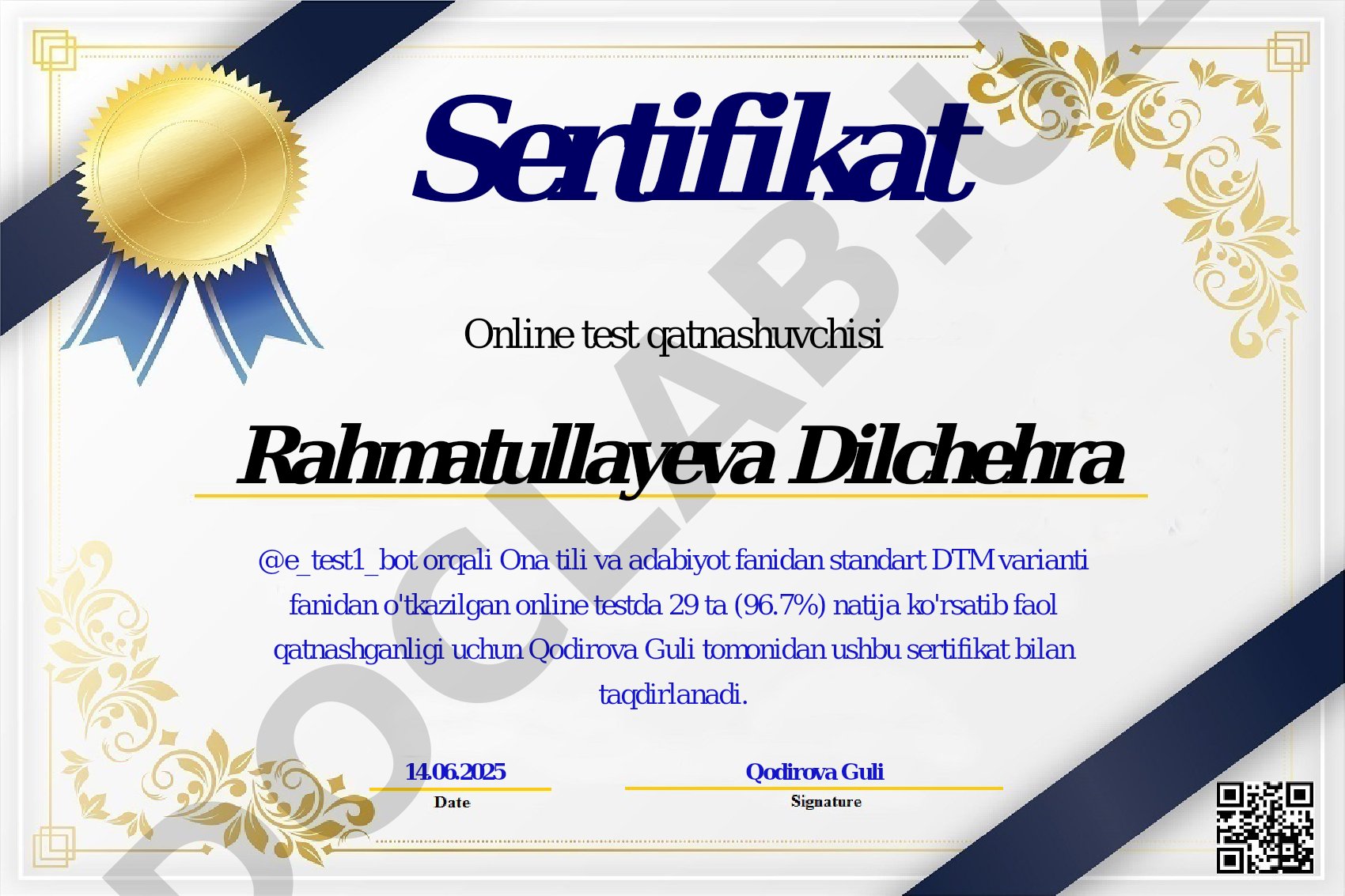 Ona tili va adabiyot fanidan DTM testi sertifikatlari