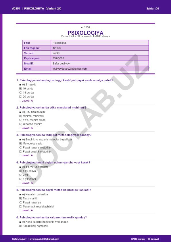 Psixologiya fanidan 30 ta savol testi (Variant 24)
