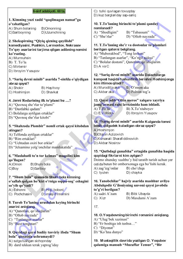 6-sinf adabiyoti test savollari