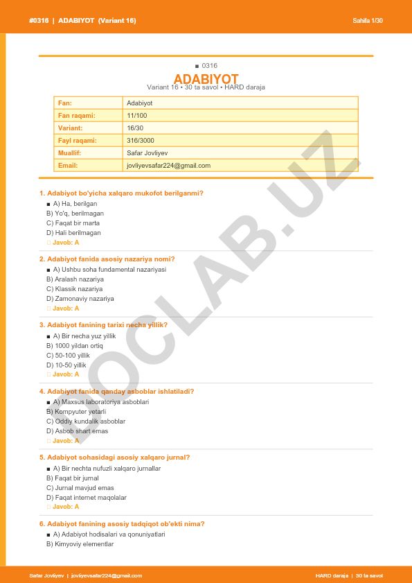 Adabiyot fanidan 30 ta savol (Variant 16)
