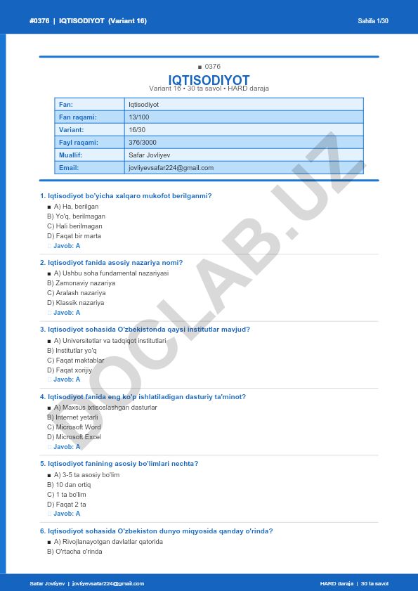 Iqtisodiyot fanidan test savollari (Variant 16)