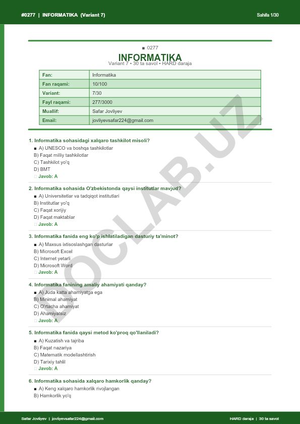 Informatika fanidan 30 ta savolli test (Variant 7)