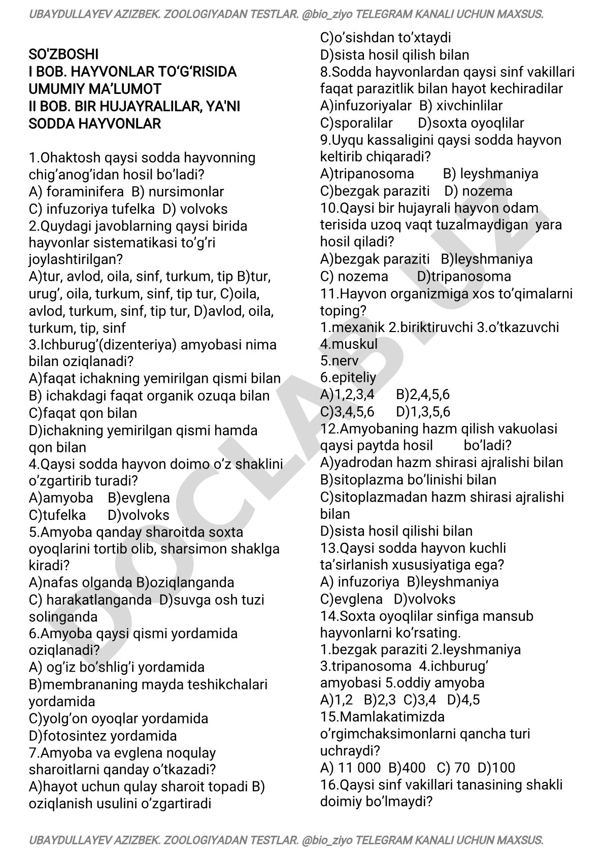 Zoologiyadan testlar