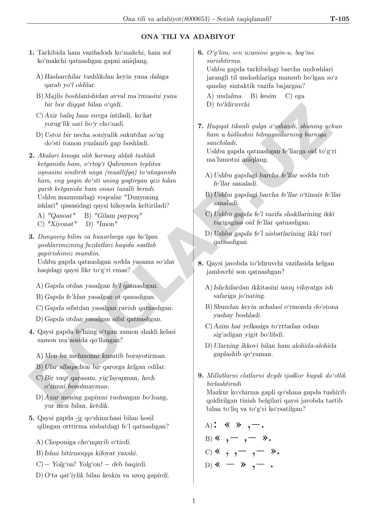 Ona tili va adabiyot test savollari