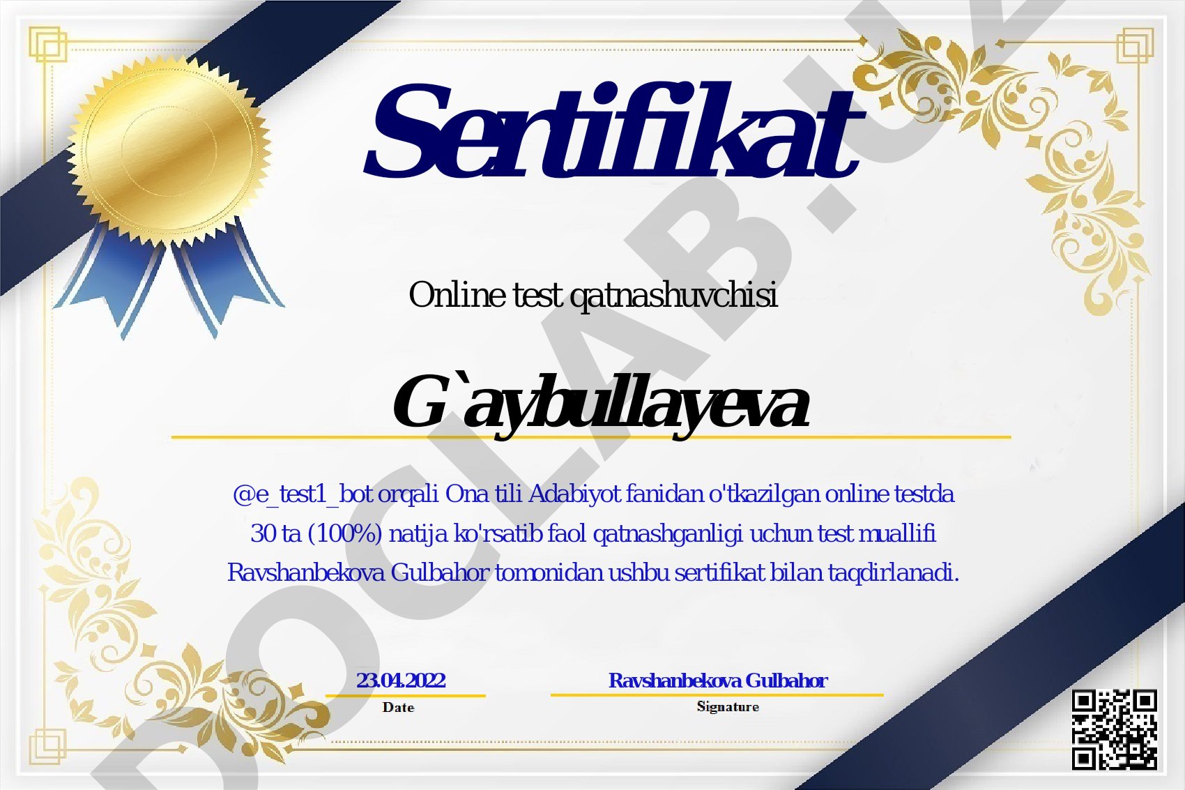 Ona tili Adabiyot fanidan online testda 100% natija ko'rsatganlik sertifikati