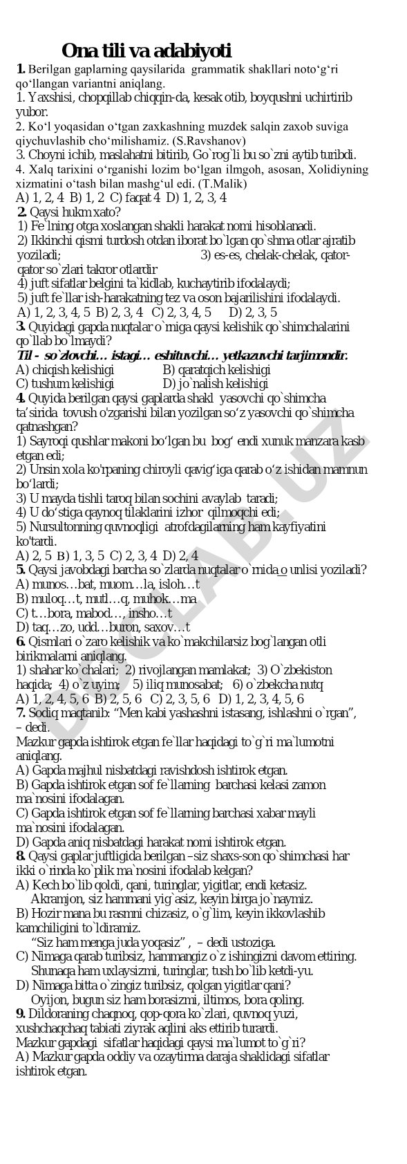 Ona tili va adabiyoti test savollari