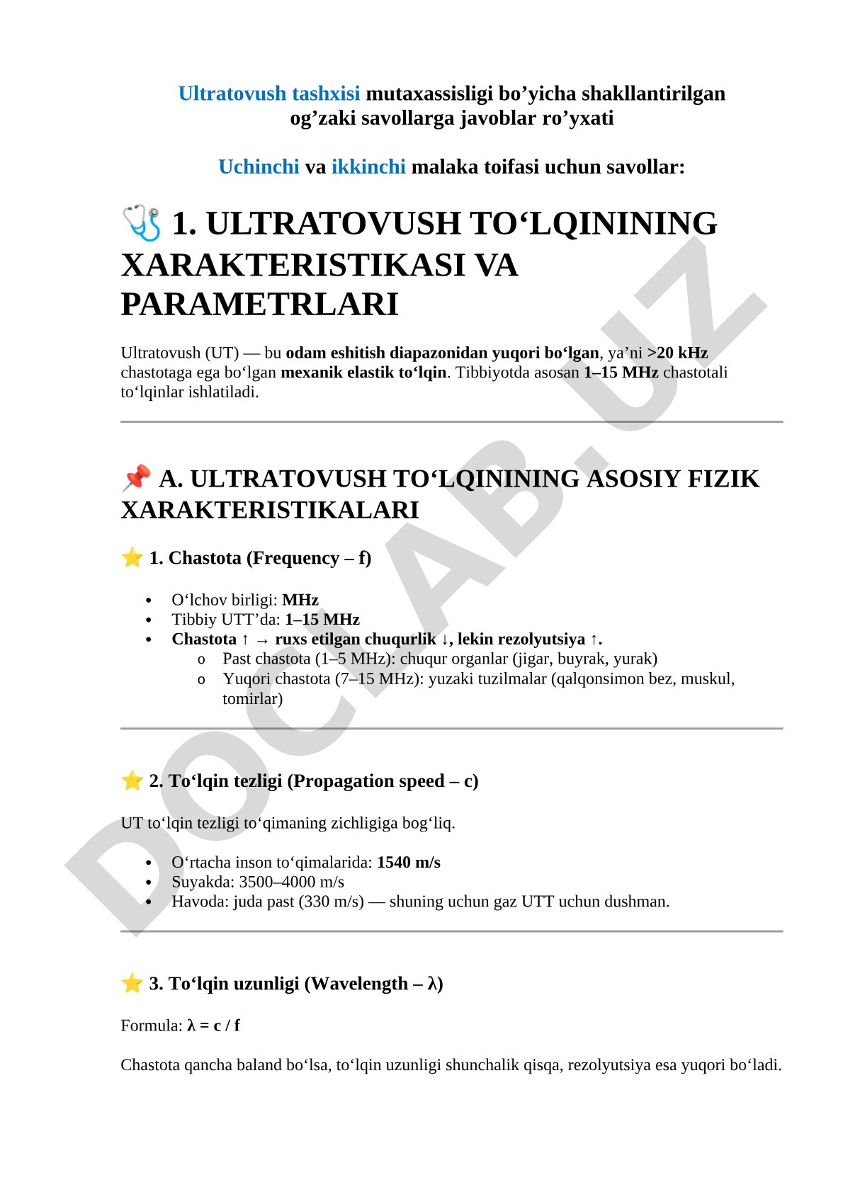 Ultratovush tashxisi mutaxassisligi bo'yicha og'zaki savollarga javoblar ro'yxati