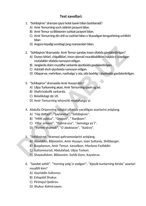 Sohibqiron dramasi test savollari