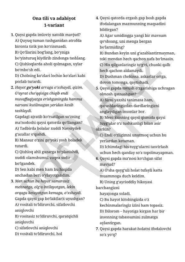 Ona tili va adabiyot fanidan test savollari