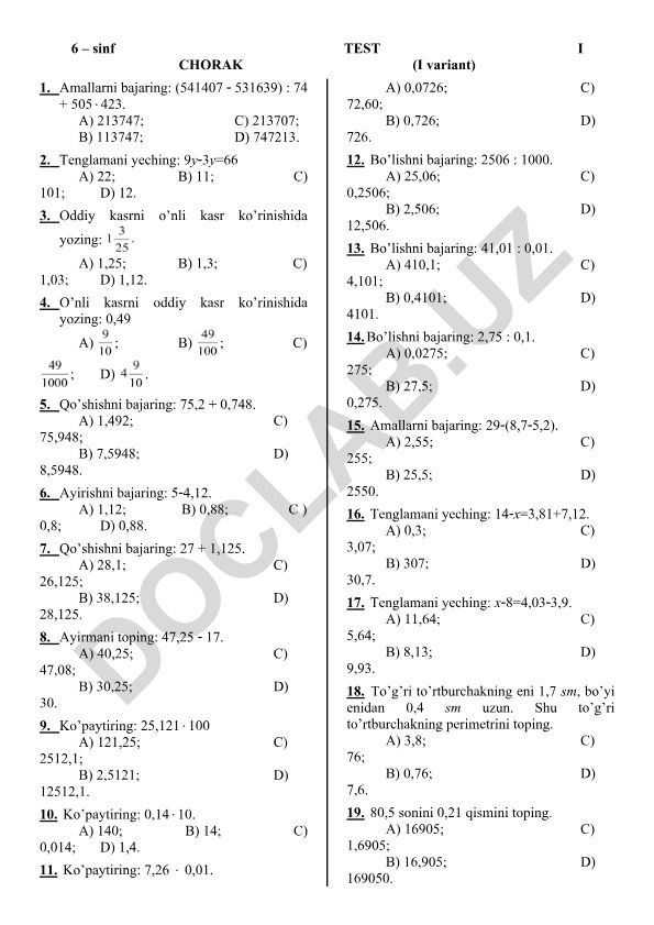 6-sinf matematika testi (I variant)